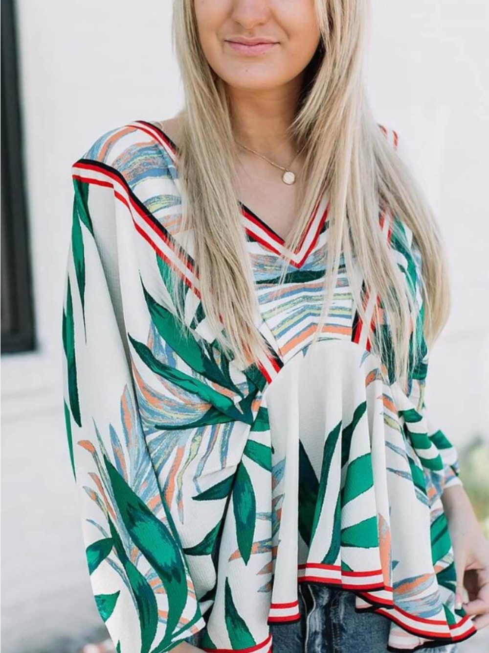 Flying Tomato White Floral V-Neck Top with Green and Red Accent